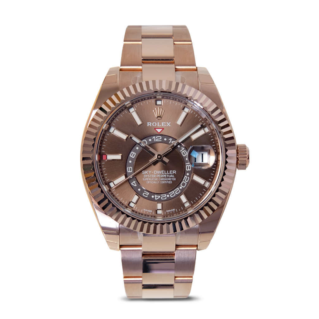 OYSTER PERPETUAL SKY-DWELLER IN 18 CT EVEROSE GOLD WITH A CHOCOLATE DIAL AND AN OYSTER BRACELET